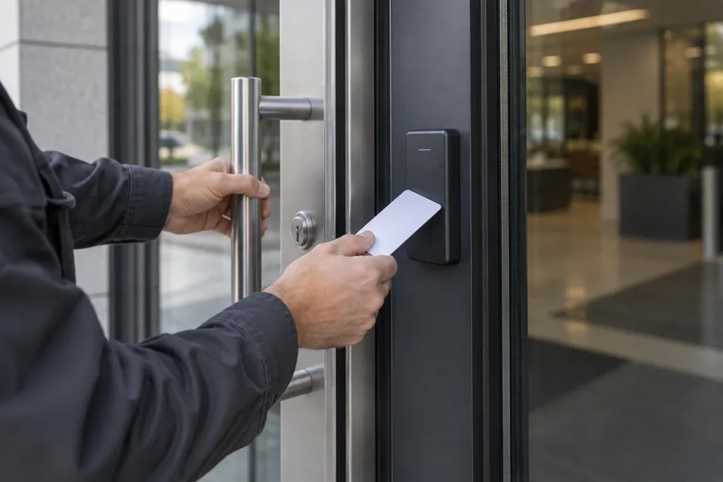 Illustration of access-control hardware at a business entrance