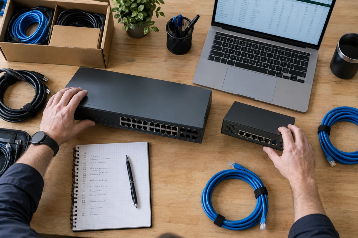 Illustration of network devices prepared for a technology review