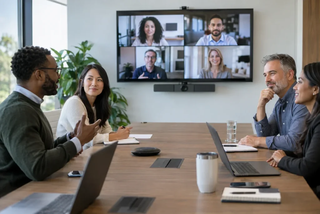 Illustration of a hybrid meeting in a conference room