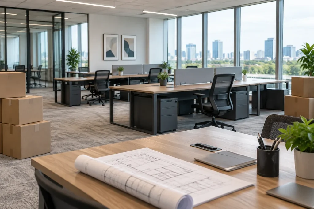 Illustration of an office being prepared for a move