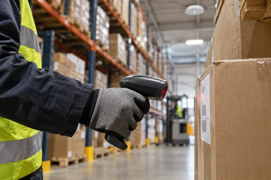 Illustration of handheld connectivity in a warehouse aisle